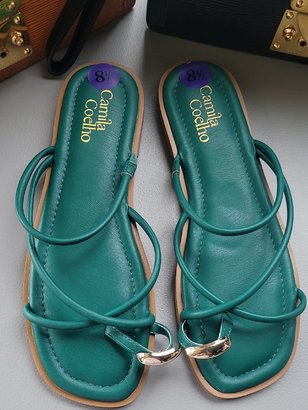 Camila Coelho Teal Strappy Slide Sandals with Gold Accent Nwot